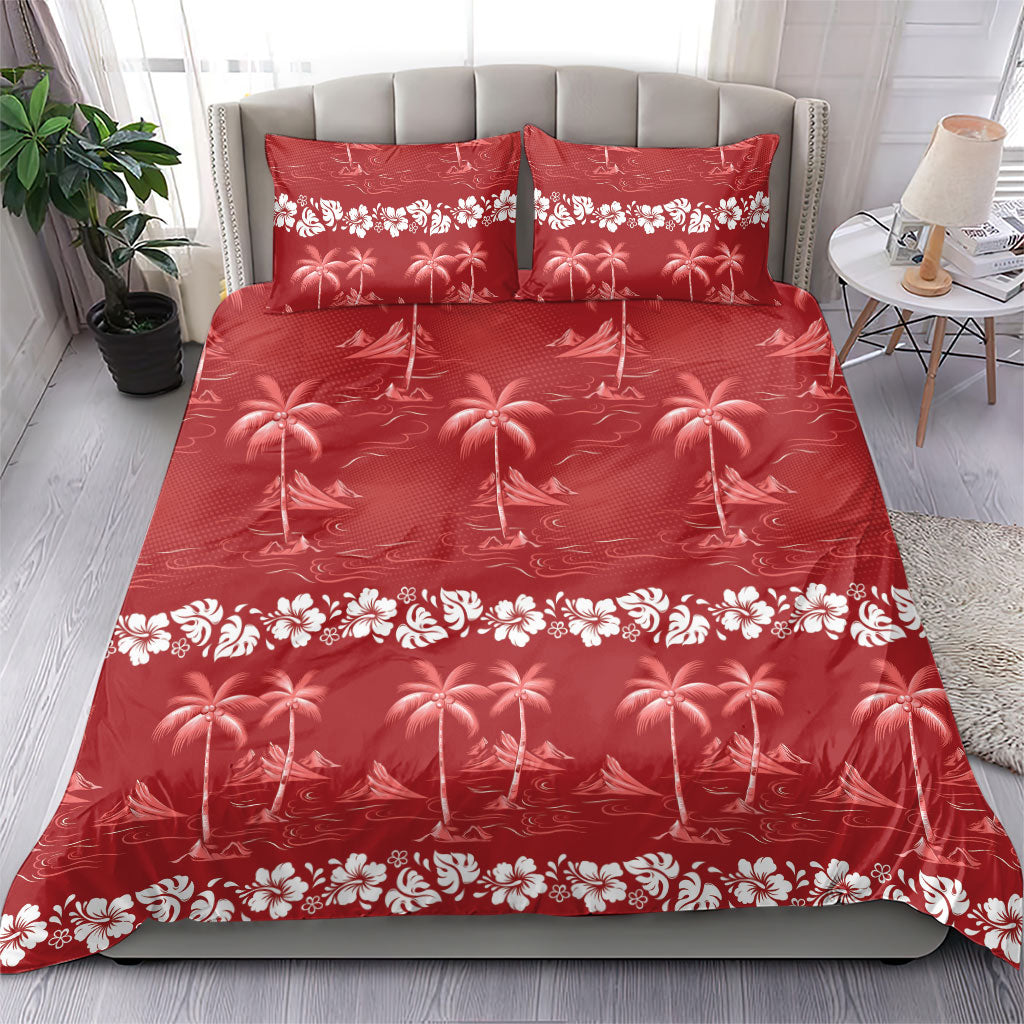 Red Hawaii Palm Tree Hibiscus Bedding Set Fantasy Summer Vibe