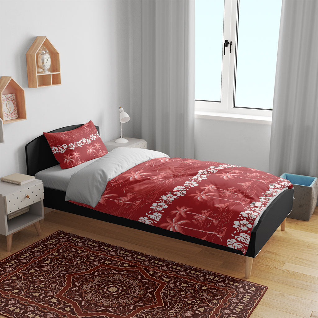 Red Hawaii Palm Tree Hibiscus Bedding Set Fantasy Summer Vibe