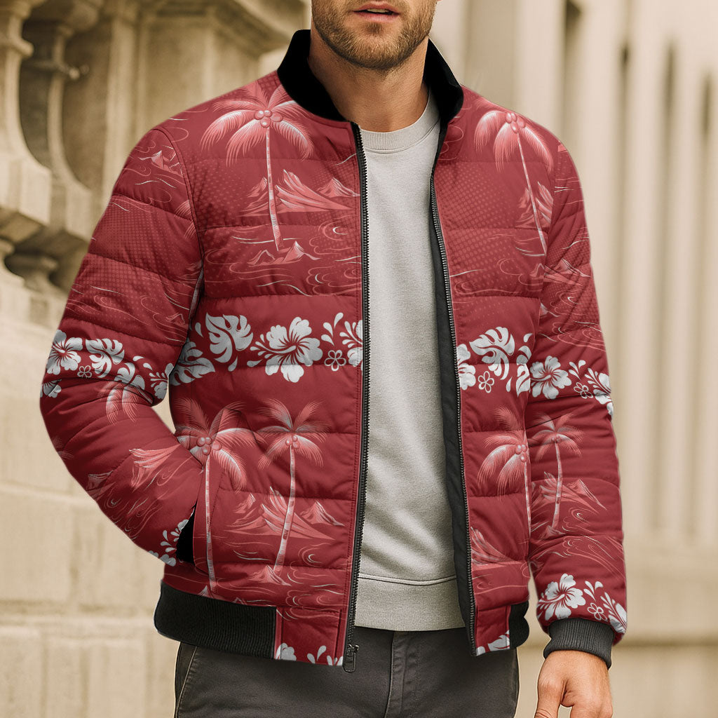 Red Hawaii Palm Tree Hibiscus Bomber Puffer Jacket Fantasy Summer Vibe