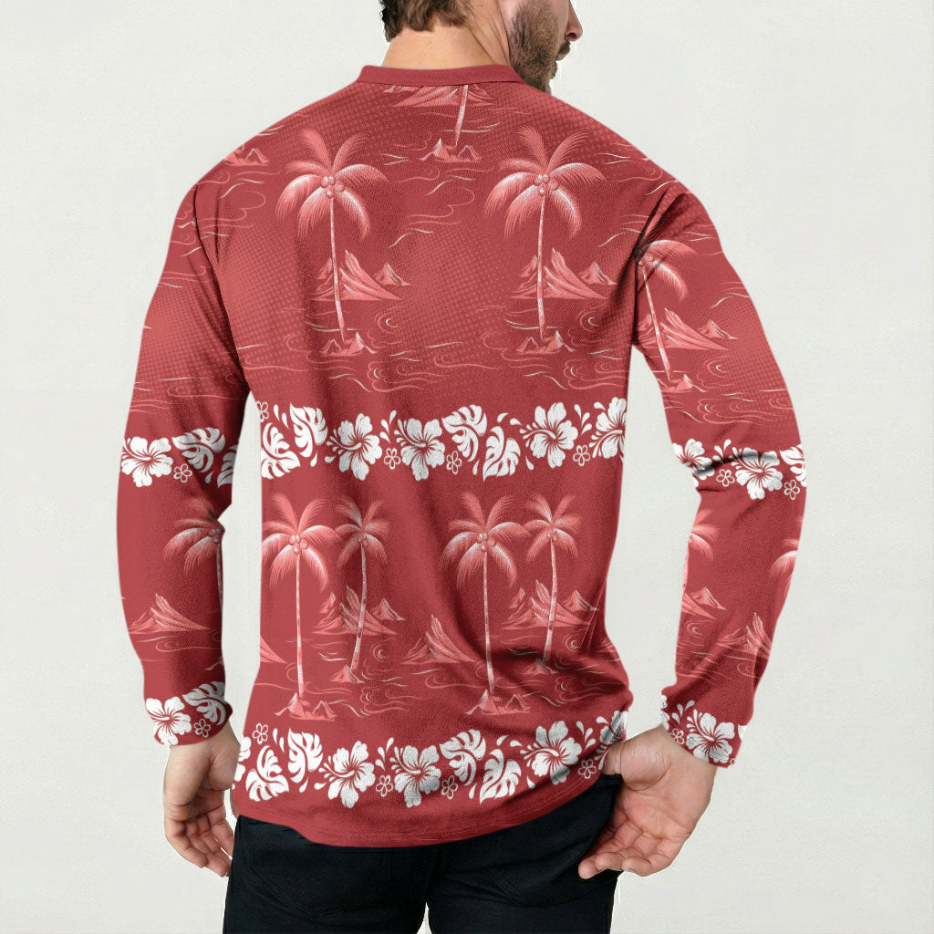 Red Hawaii Palm Tree Hibiscus Button Sweatshirt Fantasy Summer Vibe