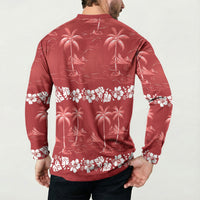 Red Hawaii Palm Tree Hibiscus Button Sweatshirt Fantasy Summer Vibe