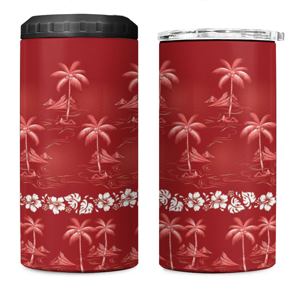 Red Hawaii Palm Tree Hibiscus 4 in 1 Can Cooler Tumbler Fantasy Summer Vibe