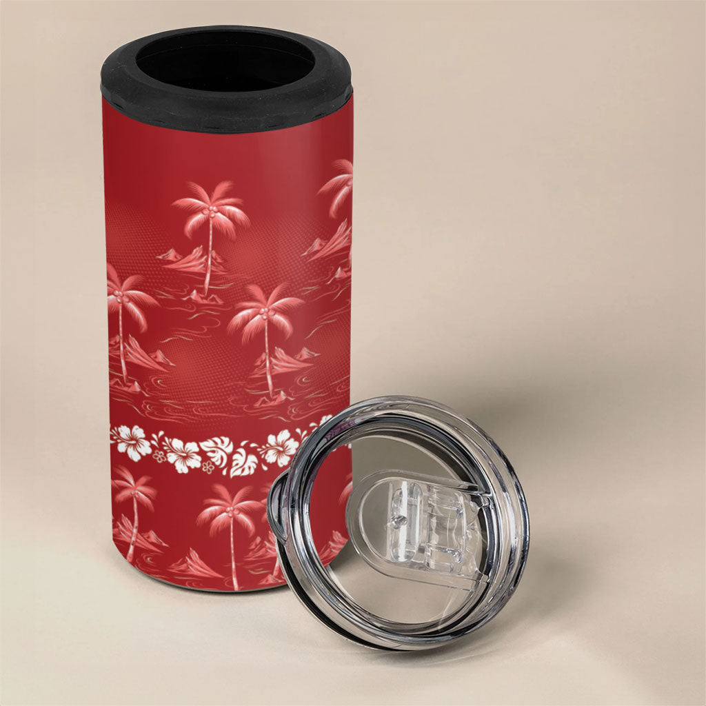 Red Hawaii Palm Tree Hibiscus 4 in 1 Can Cooler Tumbler Fantasy Summer Vibe