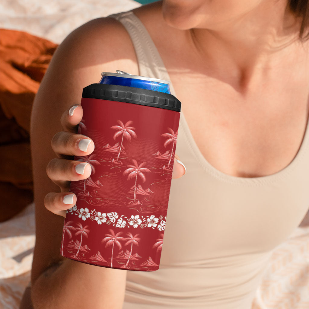 Red Hawaii Palm Tree Hibiscus 4 in 1 Can Cooler Tumbler Fantasy Summer Vibe