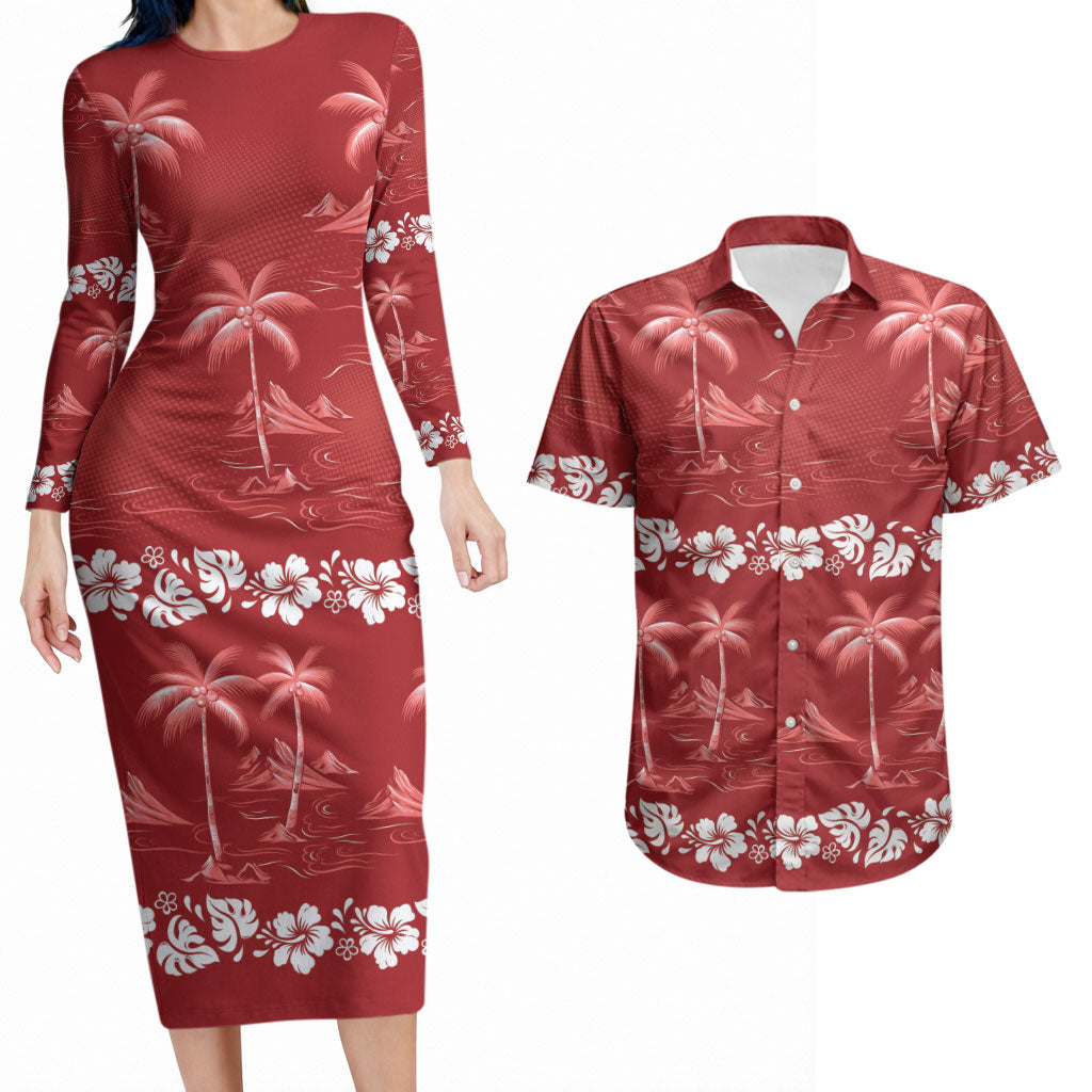Red Hawaii Palm Tree Hibiscus Couples Matching Long Sleeve Bodycon Dress and Hawaiian Shirt Fantasy Summer Vibe