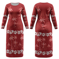 Red Hawaii Palm Tree Hibiscus Couples Matching Long Sleeve Bodycon Dress and Hawaiian Shirt Fantasy Summer Vibe