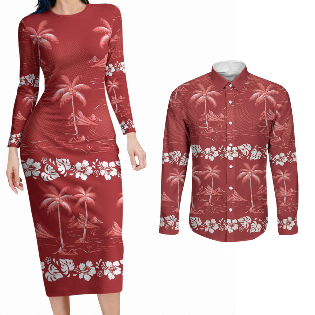 Red Hawaii Palm Tree Hibiscus Couples Matching Long Sleeve Bodycon Dress and Long Sleeve Button Shirt Fantasy Summer Vibe