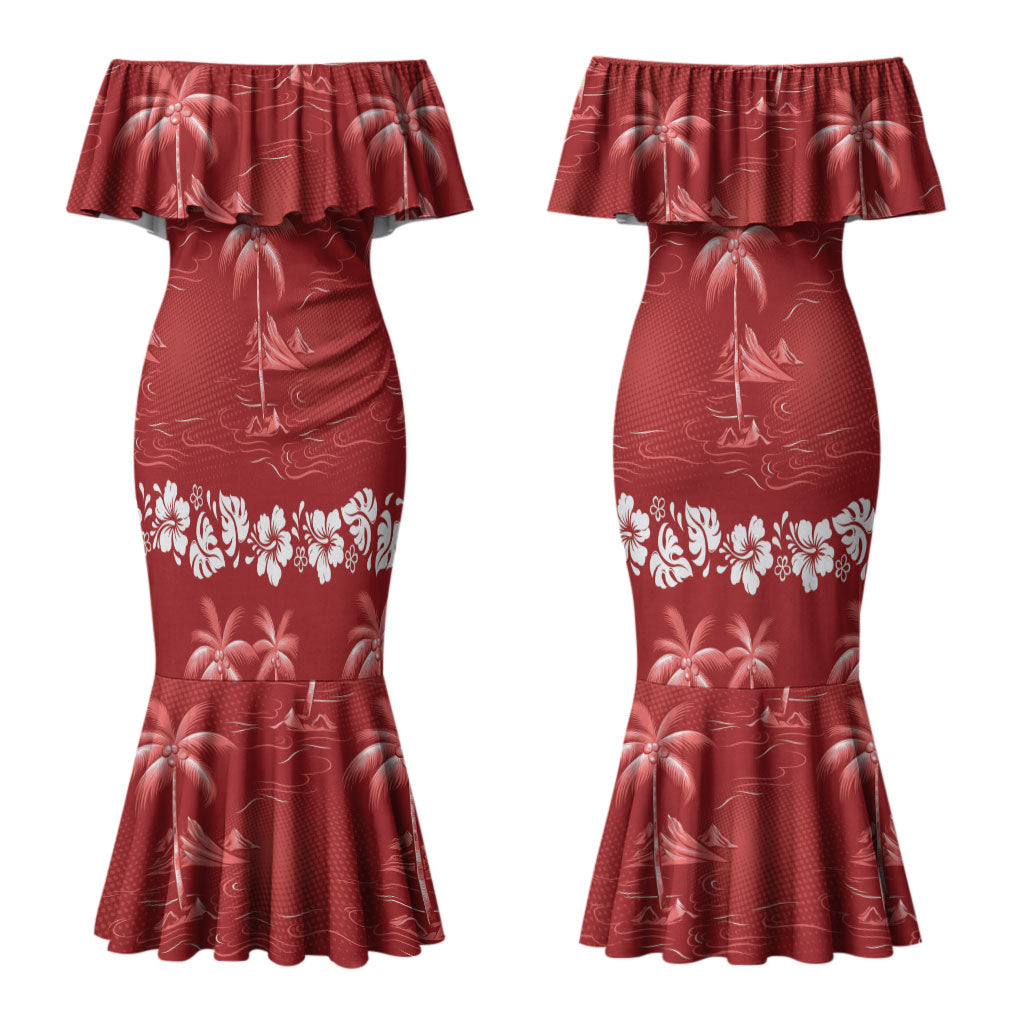 Red Hawaii Palm Tree Hibiscus Couples Matching Mermaid Dress and Hawaiian Shirt Fantasy Summer Vibe