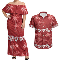 Red Hawaii Palm Tree Hibiscus Couples Matching Off Shoulder Maxi Dress and Hawaiian Shirt Fantasy Summer Vibe