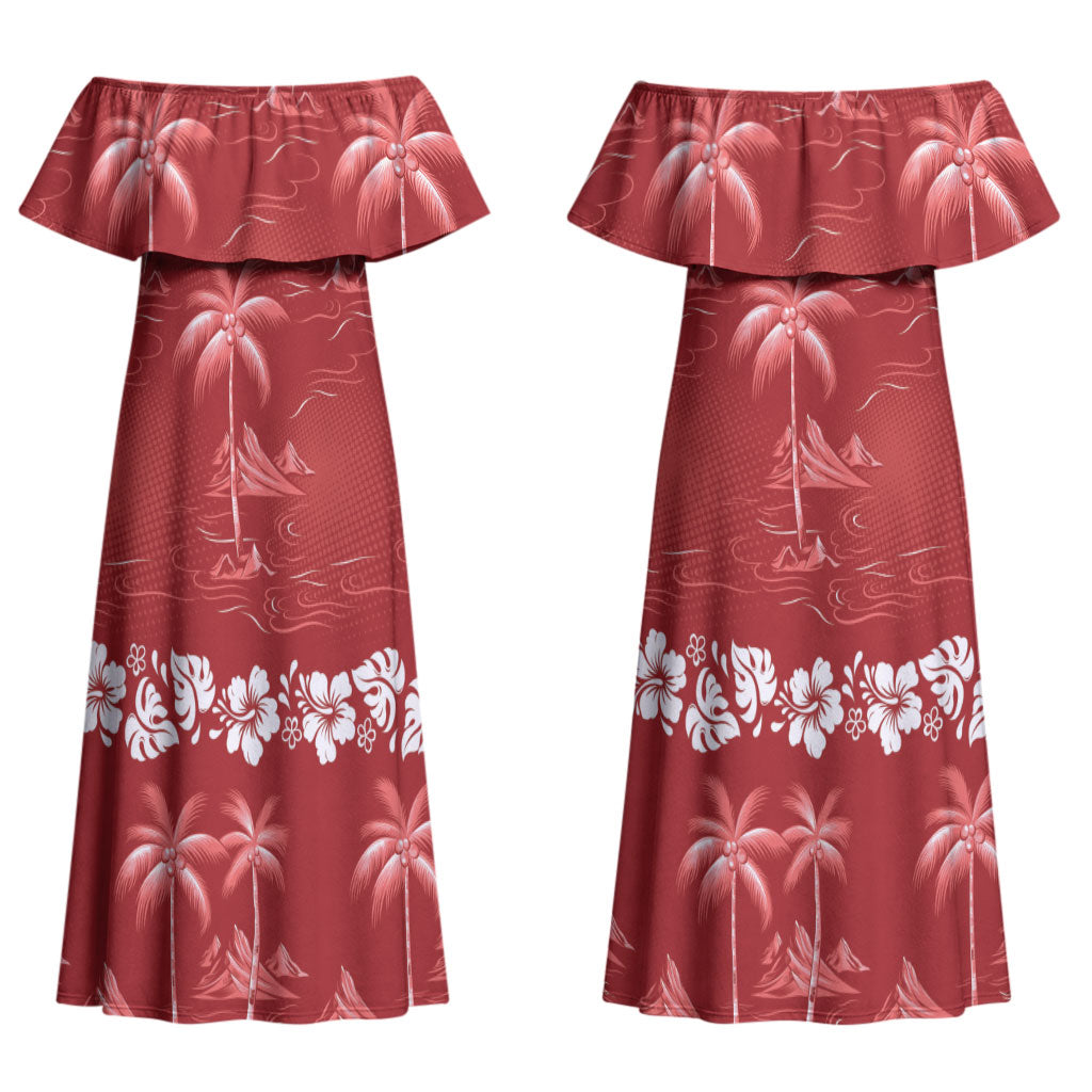Red Hawaii Palm Tree Hibiscus Couples Matching Off Shoulder Maxi Dress and Hawaiian Shirt Fantasy Summer Vibe