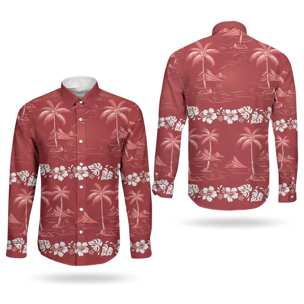 Red Hawaii Palm Tree Hibiscus Couples Matching Off Shoulder Maxi Dress and Long Sleeve Button Shirt Fantasy Summer Vibe