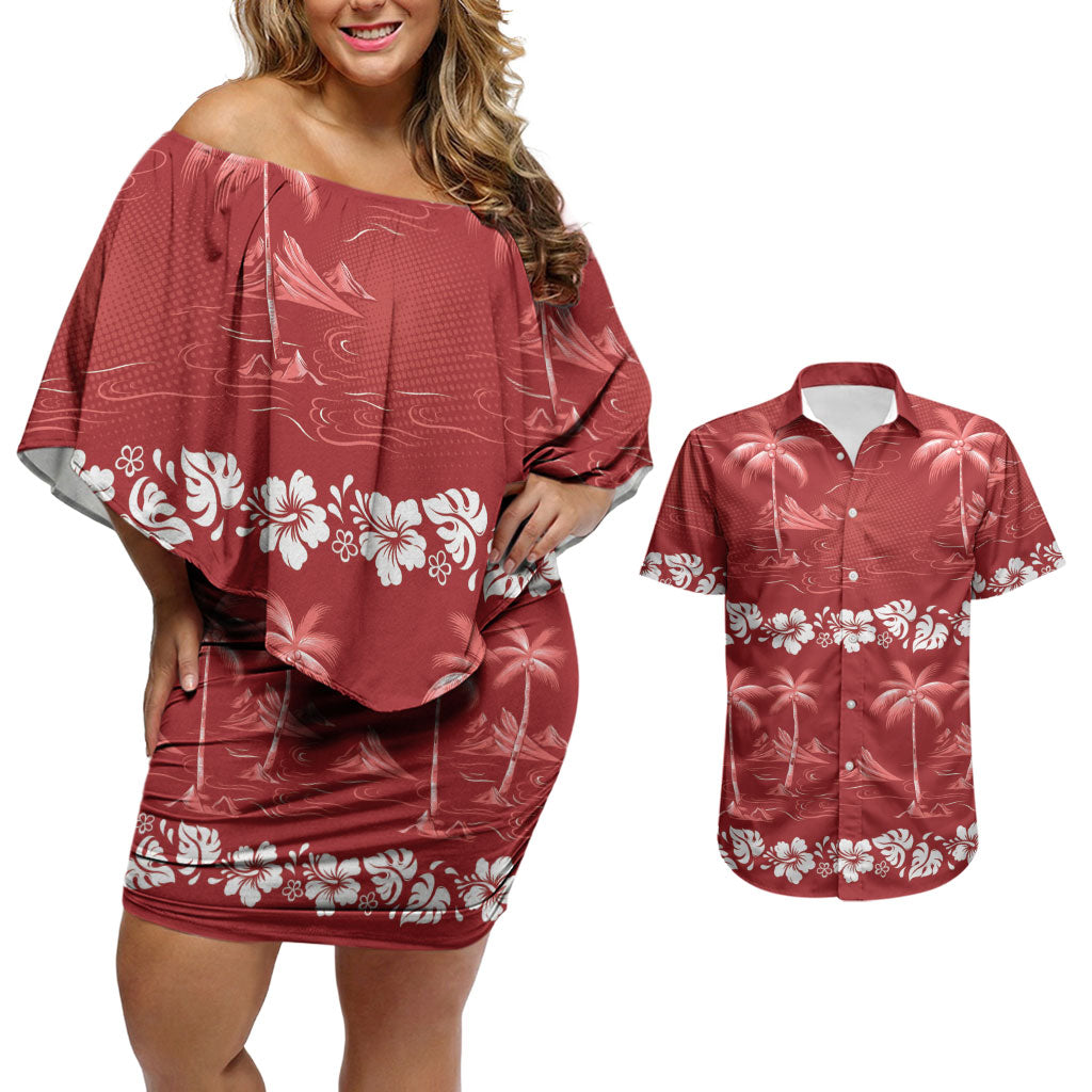 Red Hawaii Palm Tree Hibiscus Couples Matching Off Shoulder Short Dress and Hawaiian Shirt Fantasy Summer Vibe