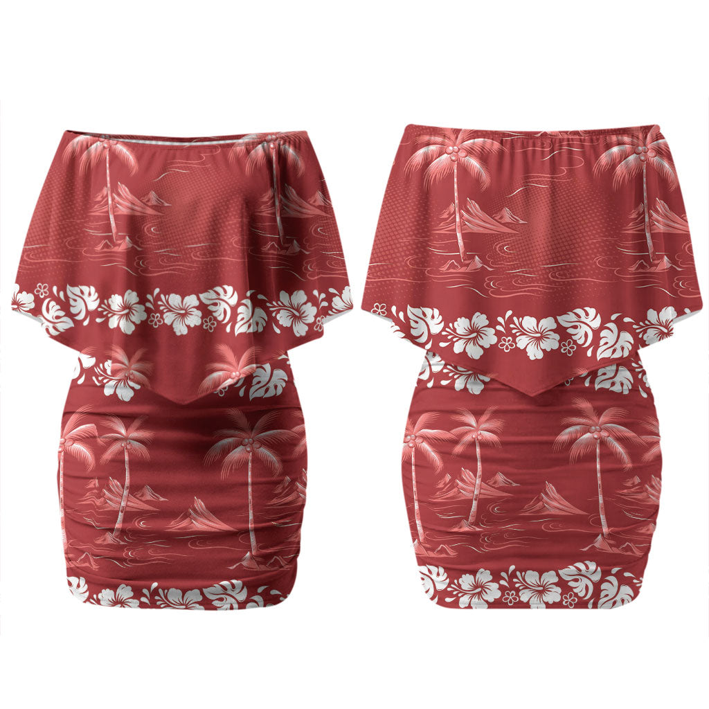 Red Hawaii Palm Tree Hibiscus Couples Matching Off Shoulder Short Dress and Hawaiian Shirt Fantasy Summer Vibe