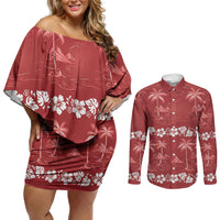 Red Hawaii Palm Tree Hibiscus Couples Matching Off Shoulder Short Dress and Long Sleeve Button Shirt Fantasy Summer Vibe