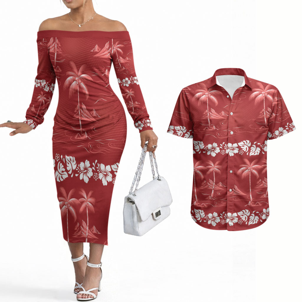Red Hawaii Palm Tree Hibiscus Couples Matching Off The Shoulder Long Sleeve Dress and Hawaiian Shirt Fantasy Summer Vibe