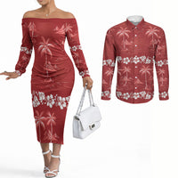 Red Hawaii Palm Tree Hibiscus Couples Matching Off The Shoulder Long Sleeve Dress and Long Sleeve Button Shirt Fantasy Summer Vibe