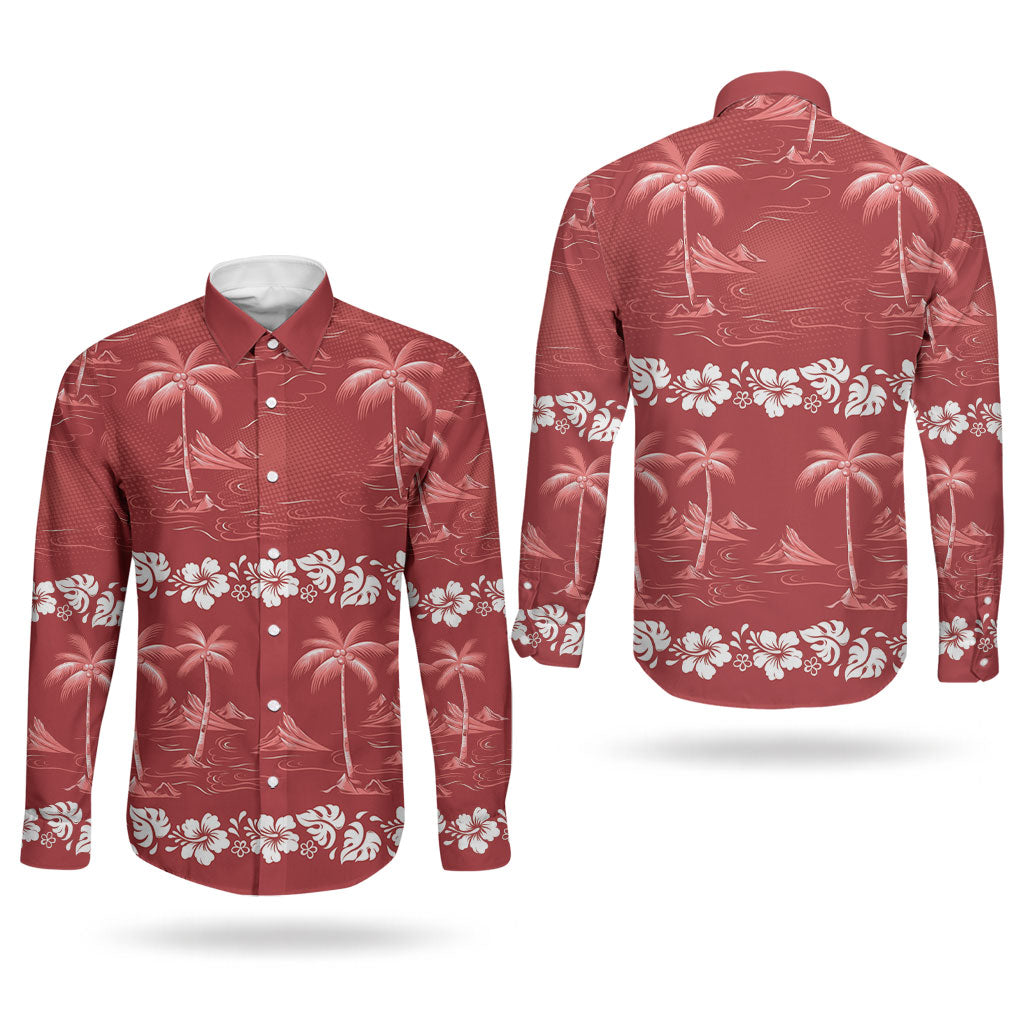 Red Hawaii Palm Tree Hibiscus Couples Matching Off The Shoulder Long Sleeve Dress and Long Sleeve Button Shirt Fantasy Summer Vibe