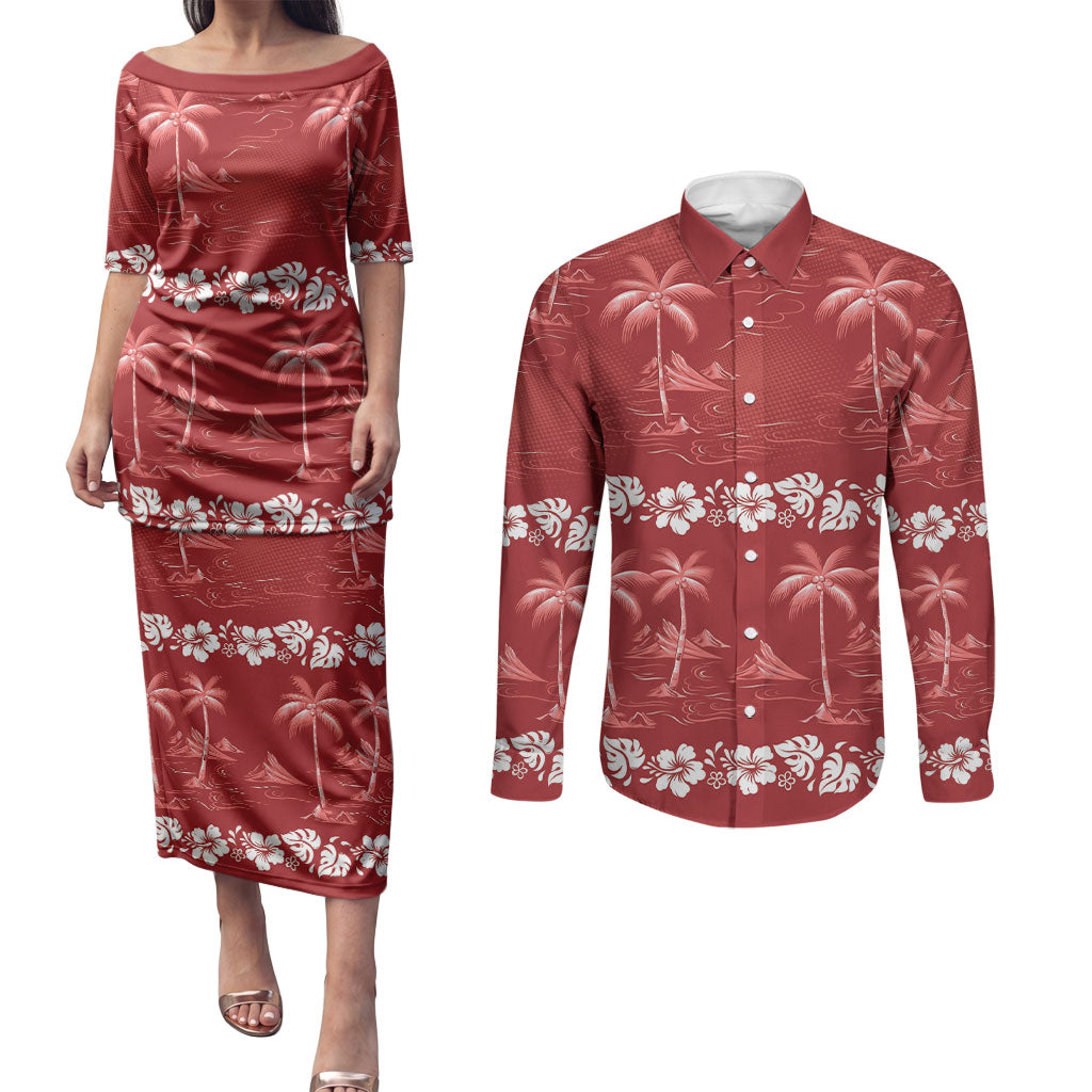 Red Hawaii Palm Tree Hibiscus Couples Matching Puletasi and Long Sleeve Button Shirt Fantasy Summer Vibe