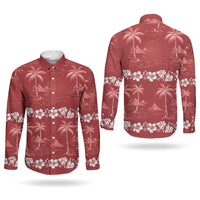 Red Hawaii Palm Tree Hibiscus Couples Matching Puletasi and Long Sleeve Button Shirt Fantasy Summer Vibe