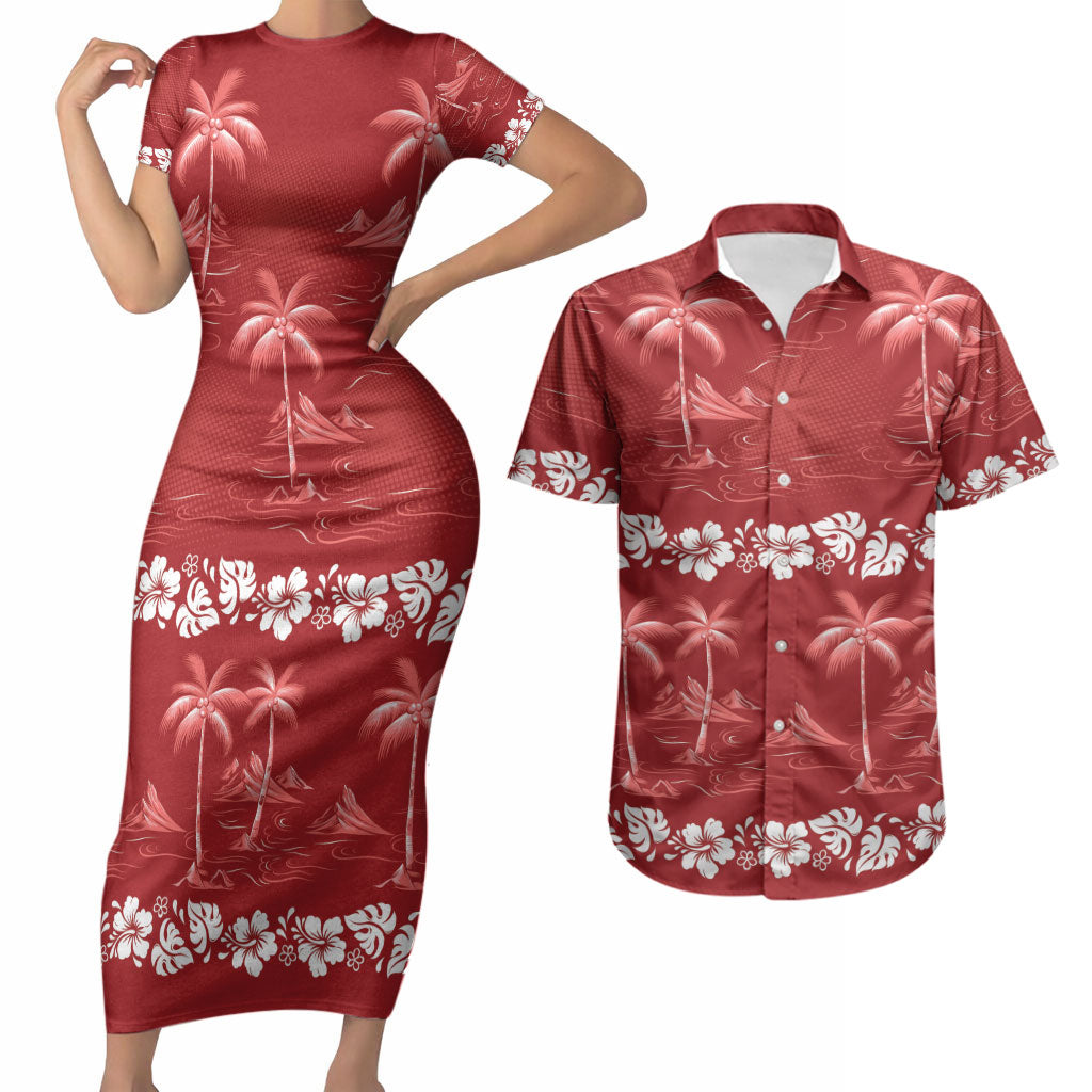 Red Hawaii Palm Tree Hibiscus Couples Matching Short Sleeve Bodycon Dress and Hawaiian Shirt Fantasy Summer Vibe LT01 Red - Polynesian Pride