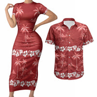 Red Hawaii Palm Tree Hibiscus Couples Matching Short Sleeve Bodycon Dress and Hawaiian Shirt Fantasy Summer Vibe