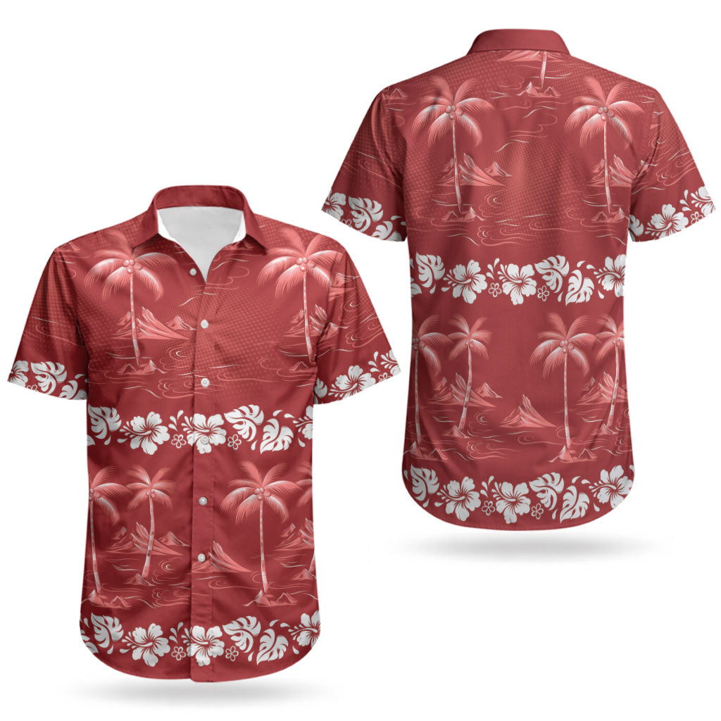 Red Hawaii Palm Tree Hibiscus Couples Matching Short Sleeve Bodycon Dress and Hawaiian Shirt Fantasy Summer Vibe