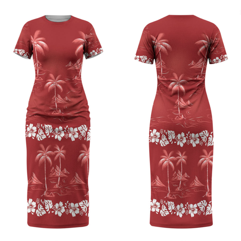 Red Hawaii Palm Tree Hibiscus Couples Matching Short Sleeve Bodycon Dress and Hawaiian Shirt Fantasy Summer Vibe