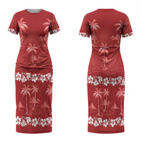 Red Hawaii Palm Tree Hibiscus Couples Matching Short Sleeve Bodycon Dress and Hawaiian Shirt Fantasy Summer Vibe
