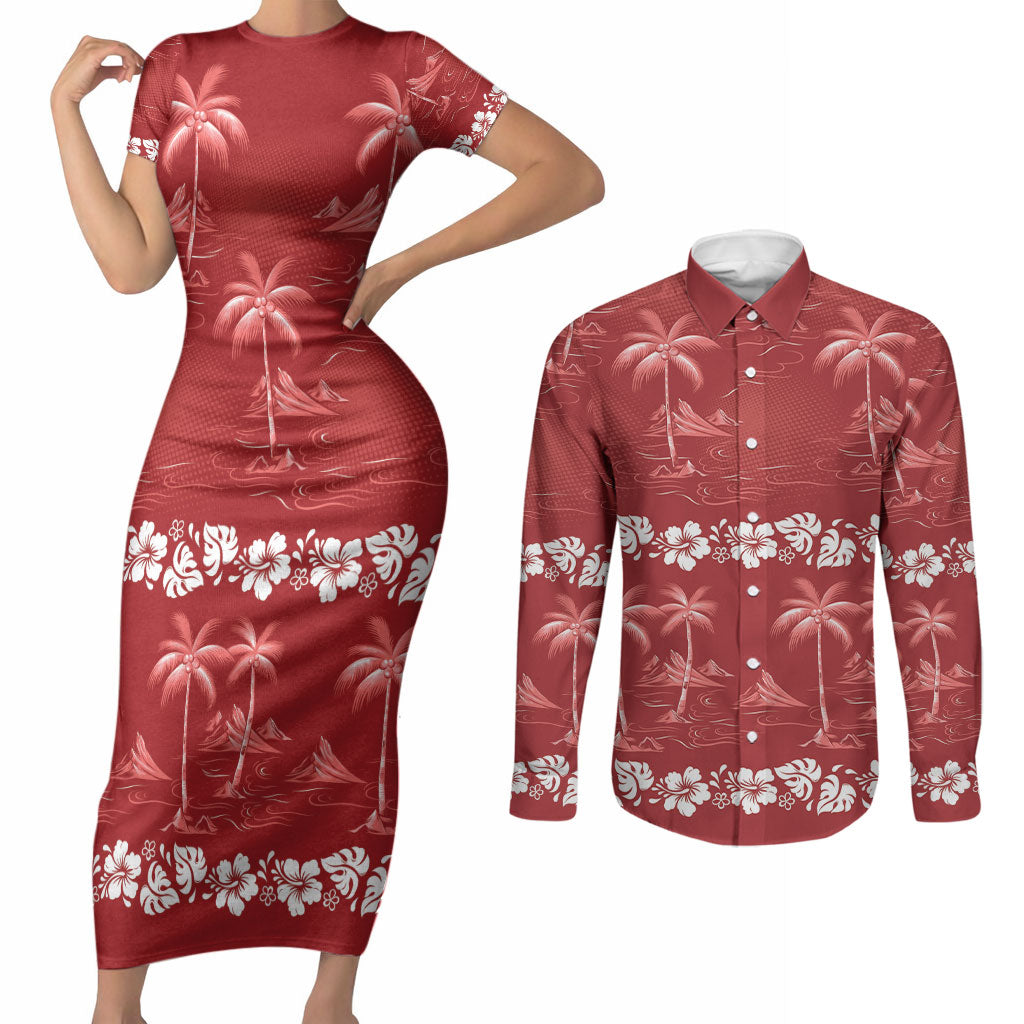 Red Hawaii Palm Tree Hibiscus Couples Matching Short Sleeve Bodycon Dress and Long Sleeve Button Shirt Fantasy Summer Vibe