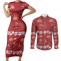 Red Hawaii Palm Tree Hibiscus Couples Matching Short Sleeve Bodycon Dress and Long Sleeve Button Shirt Fantasy Summer Vibe