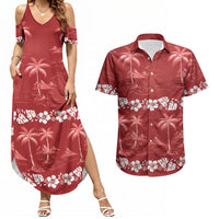 Red Hawaii Palm Tree Hibiscus Couples Matching Summer Maxi Dress and Hawaiian Shirt Fantasy Summer Vibe
