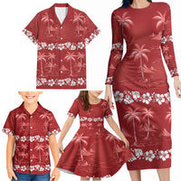 Red Hawaii Palm Tree Hibiscus Family Matching Long Sleeve Bodycon Dress and Hawaiian Shirt Fantasy Summer Vibe