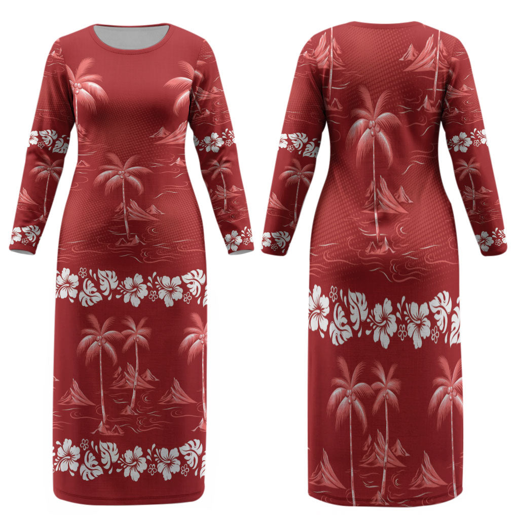 Red Hawaii Palm Tree Hibiscus Family Matching Long Sleeve Bodycon Dress and Hawaiian Shirt Fantasy Summer Vibe