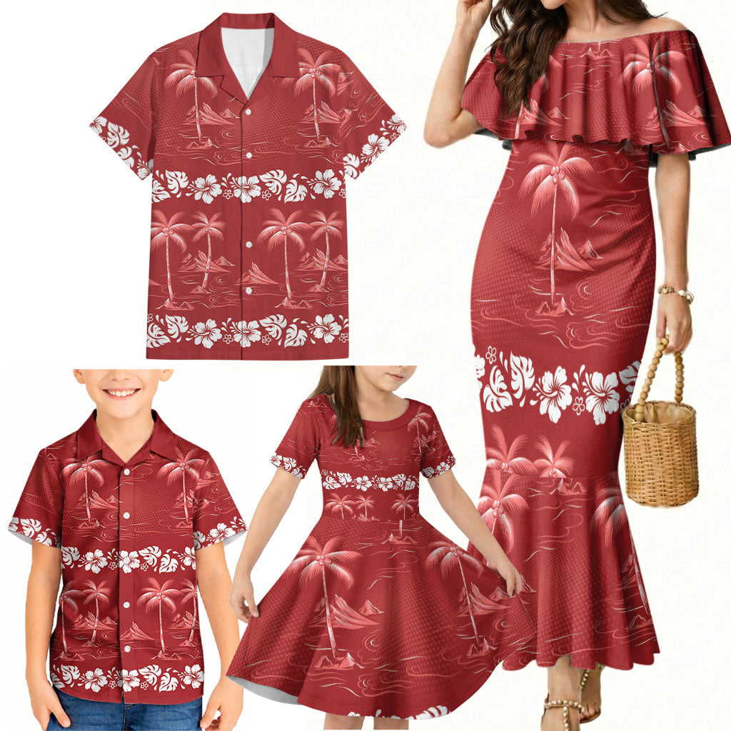 Red Hawaii Palm Tree Hibiscus Family Matching Mermaid Dress and Hawaiian Shirt Fantasy Summer Vibe