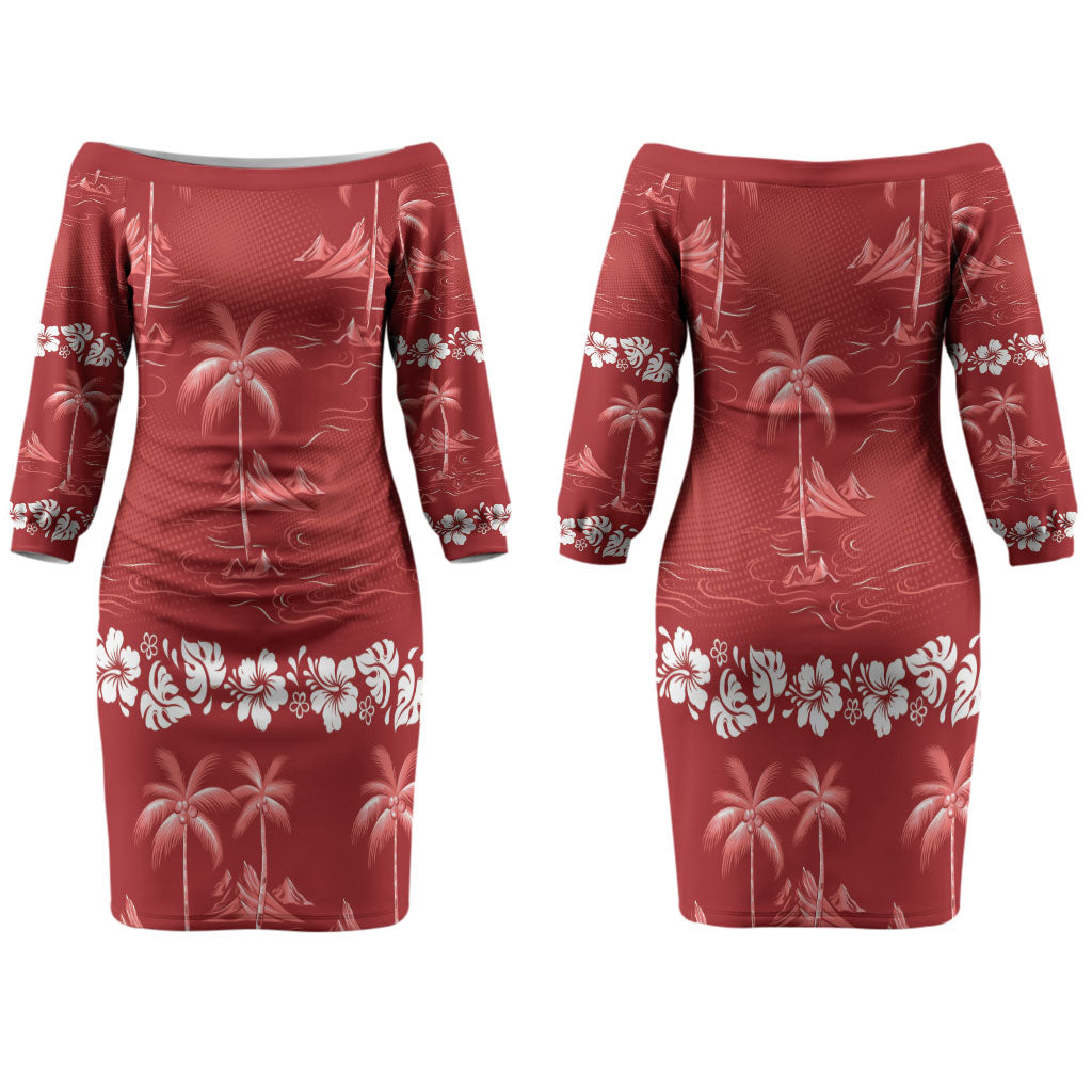 Red Hawaii Palm Tree Hibiscus Family Matching Off The Shoulder Long Sleeve Dress and Hawaiian Shirt Fantasy Summer Vibe