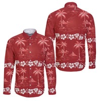 Red Hawaii Palm Tree Hibiscus Family Matching Off The Shoulder Long Sleeve Dress and Hawaiian Shirt Fantasy Summer Vibe