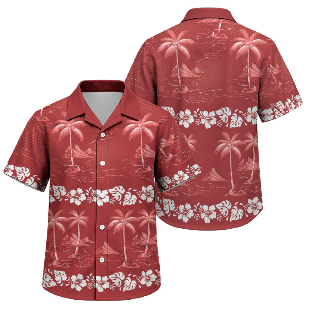 Red Hawaii Palm Tree Hibiscus Family Matching Off The Shoulder Long Sleeve Dress and Hawaiian Shirt Fantasy Summer Vibe