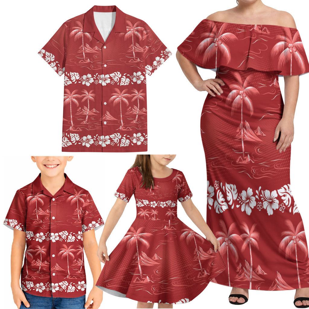 Red Hawaii Palm Tree Hibiscus Family Matching Off Shoulder Maxi Dress and Hawaiian Shirt Fantasy Summer Vibe
