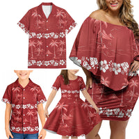 Red Hawaii Palm Tree Hibiscus Family Matching Off Shoulder Short Dress and Hawaiian Shirt Fantasy Summer Vibe