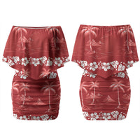 Red Hawaii Palm Tree Hibiscus Family Matching Off Shoulder Short Dress and Hawaiian Shirt Fantasy Summer Vibe