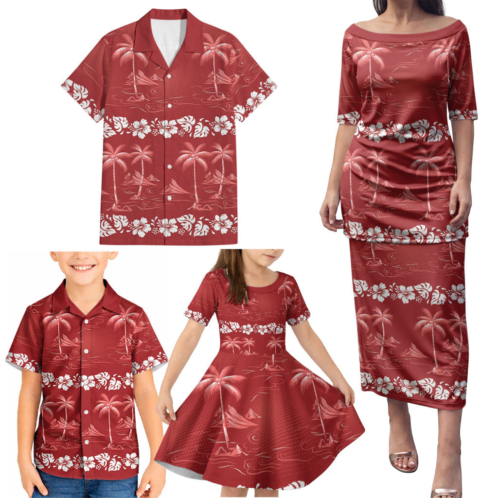 Red Hawaii Palm Tree Hibiscus Family Matching Puletasi and Hawaiian Shirt Fantasy Summer Vibe