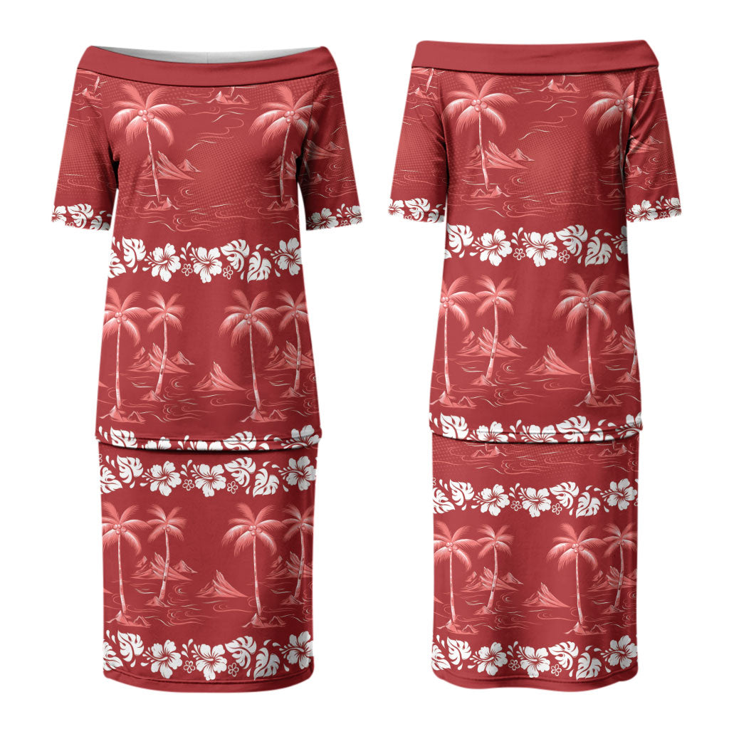Red Hawaii Palm Tree Hibiscus Family Matching Puletasi and Hawaiian Shirt Fantasy Summer Vibe