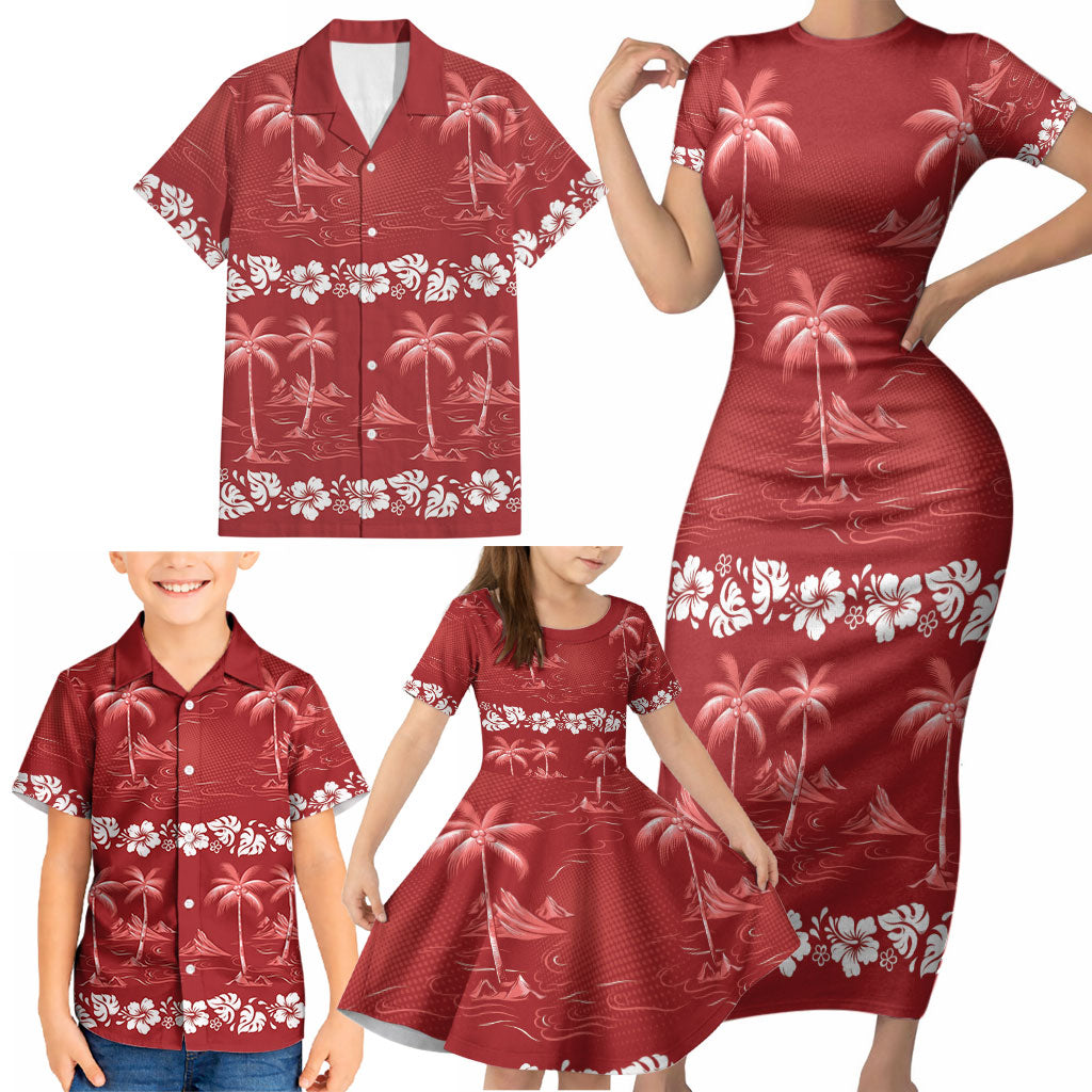 Red Hawaii Palm Tree Hibiscus Family Matching Short Sleeve Bodycon Dress and Hawaiian Shirt Fantasy Summer Vibe
