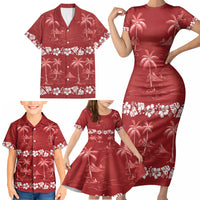 Red Hawaii Palm Tree Hibiscus Family Matching Short Sleeve Bodycon Dress and Hawaiian Shirt Fantasy Summer Vibe