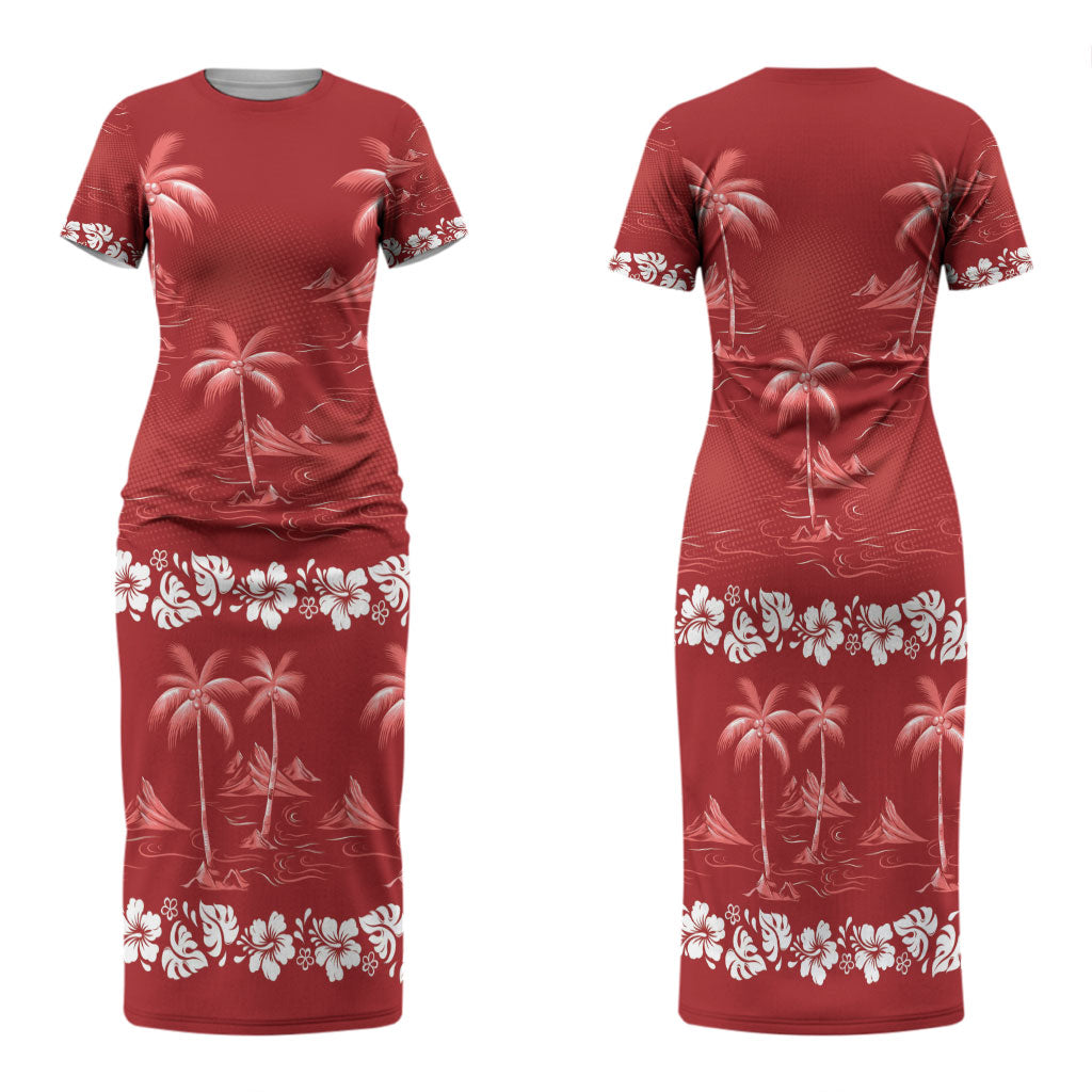 Red Hawaii Palm Tree Hibiscus Family Matching Short Sleeve Bodycon Dress and Hawaiian Shirt Fantasy Summer Vibe