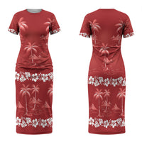 Red Hawaii Palm Tree Hibiscus Family Matching Short Sleeve Bodycon Dress and Hawaiian Shirt Fantasy Summer Vibe