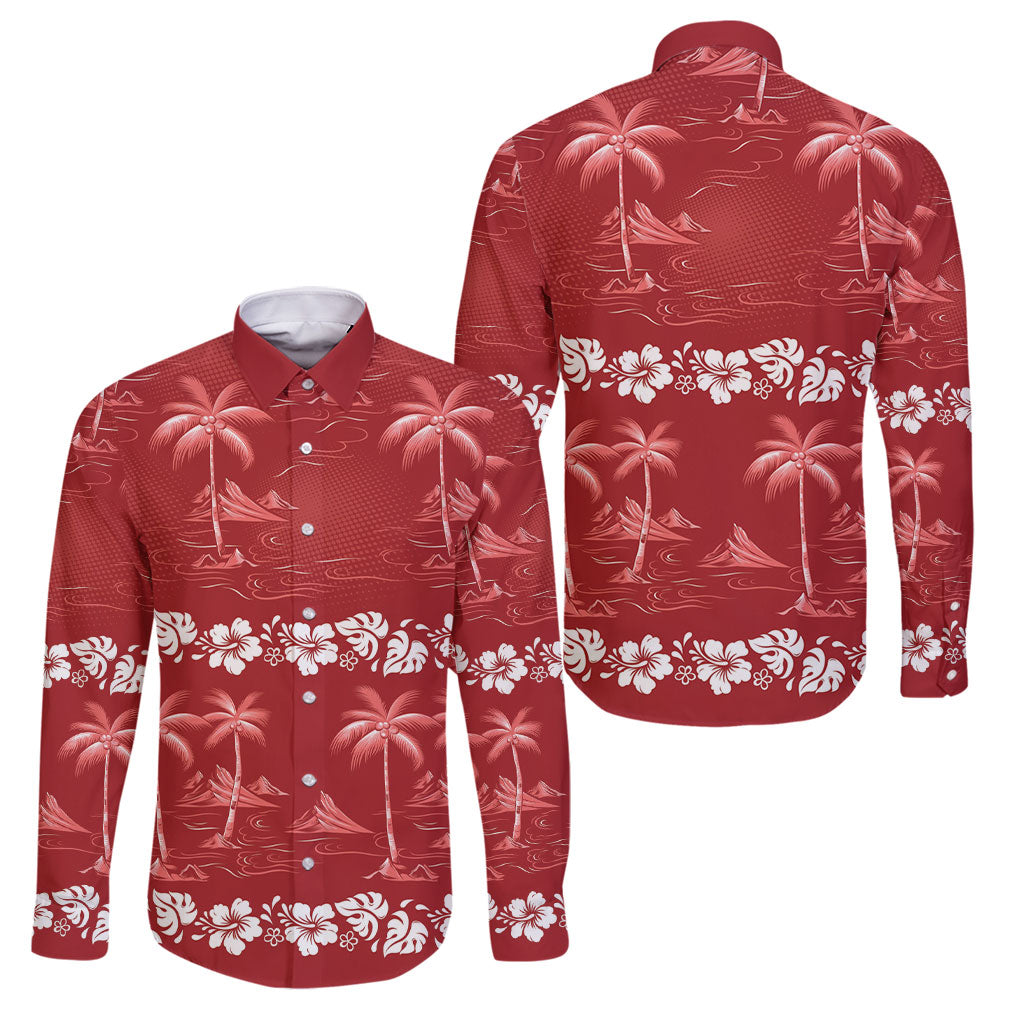 Red Hawaii Palm Tree Hibiscus Family Matching Short Sleeve Bodycon Dress and Hawaiian Shirt Fantasy Summer Vibe