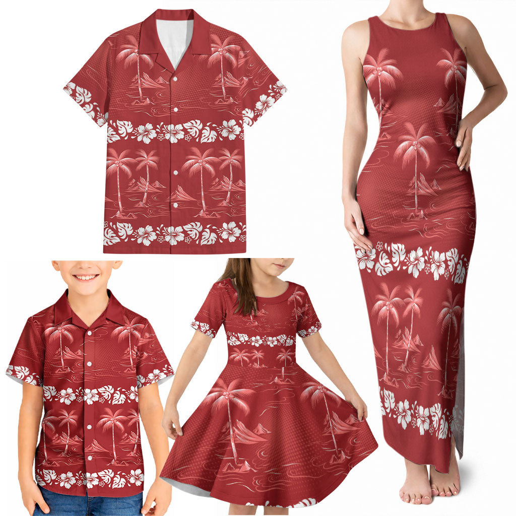 Red Hawaii Palm Tree Hibiscus Family Matching Tank Maxi Dress and Hawaiian Shirt Fantasy Summer Vibe