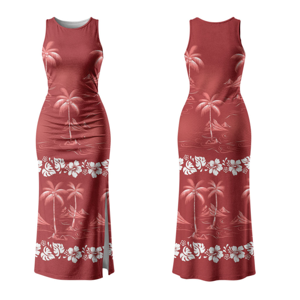 Red Hawaii Palm Tree Hibiscus Family Matching Tank Maxi Dress and Hawaiian Shirt Fantasy Summer Vibe