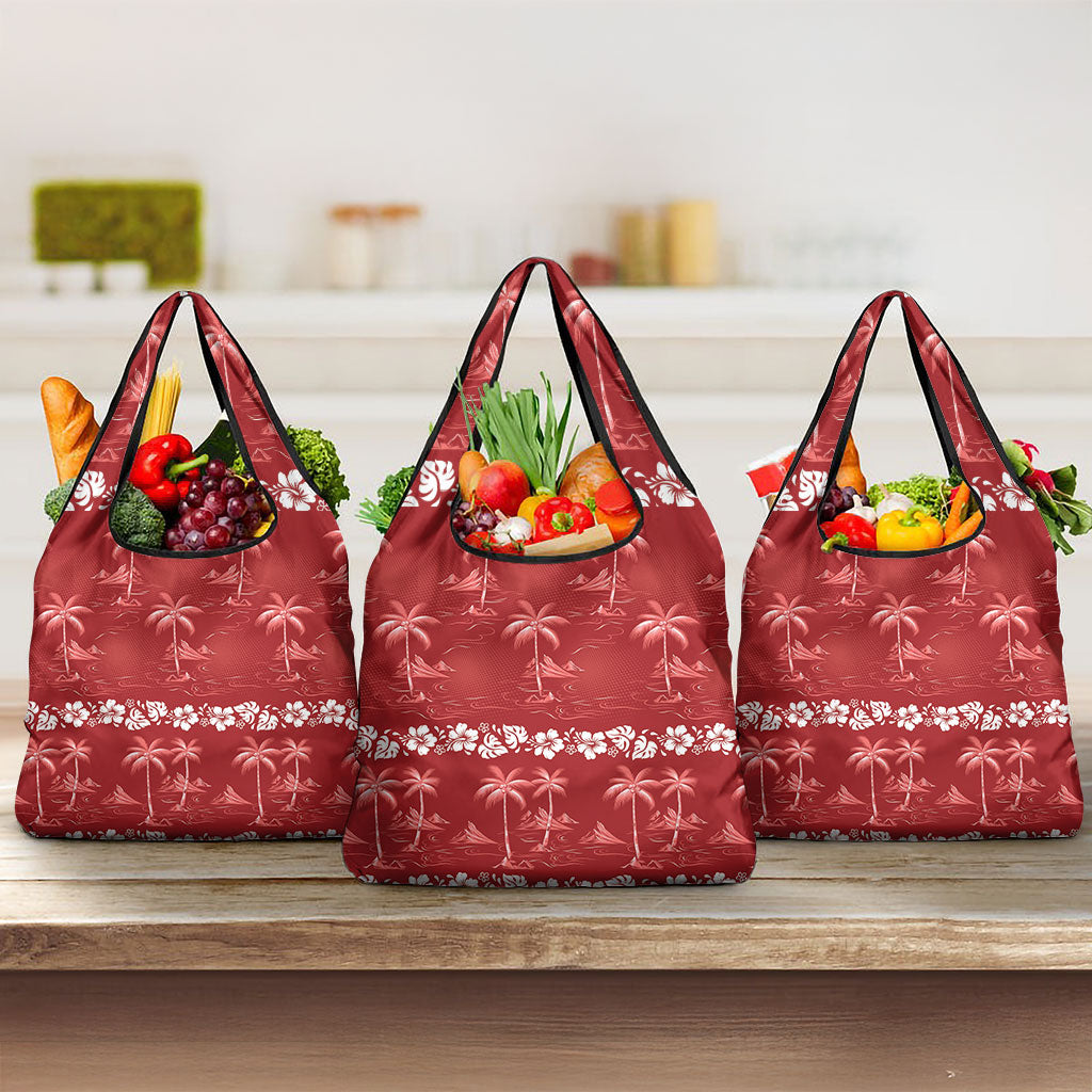 Red Hawaii Palm Tree Hibiscus Grocery Bag Fantasy Summer Vibe
